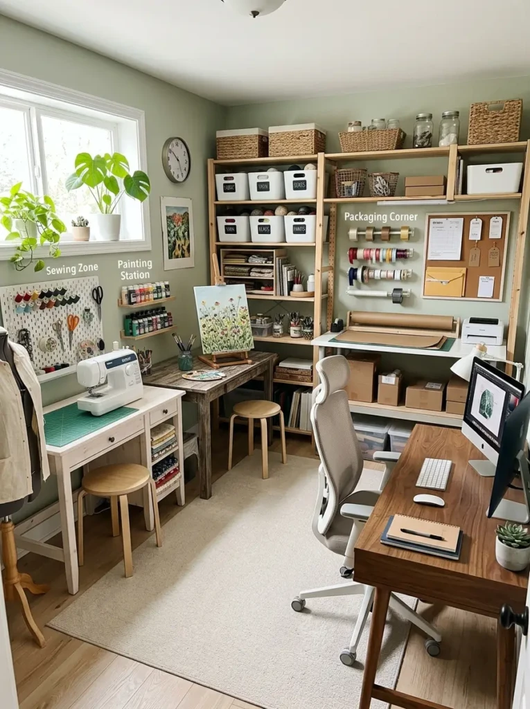 Craft room divided into sewing, painting, and packaging activity zones