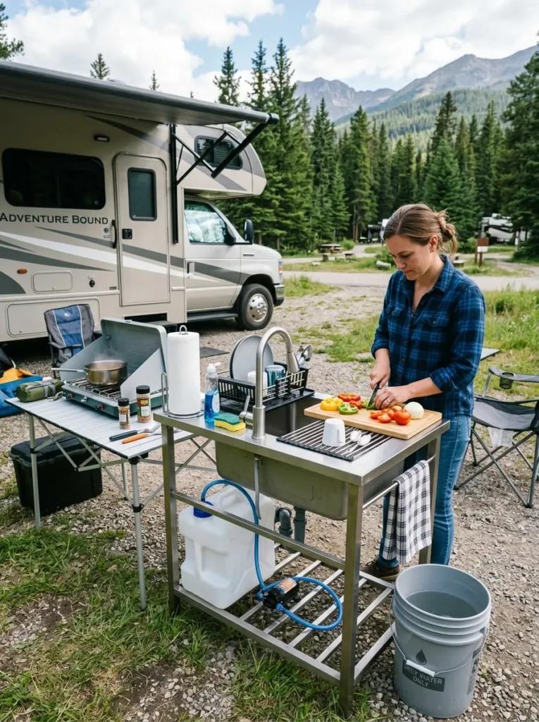 Compact portable sink station connected to RV outdoor kitchen for easy campsite cleanup