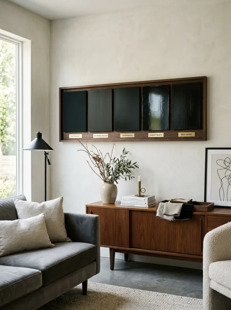 Black living room with large windows, sheer curtains, and bright natural sunlight balancing dark interiors.