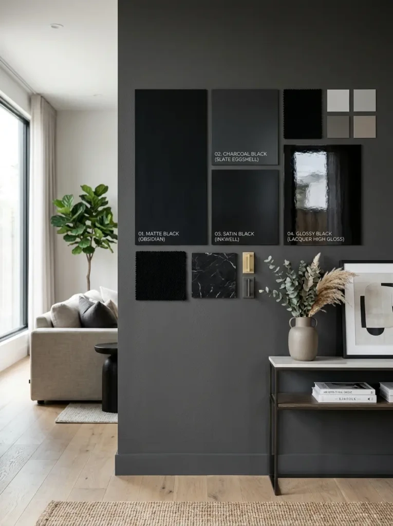 Different shades of black paint displayed in a stylish living room interior with modern decor.
