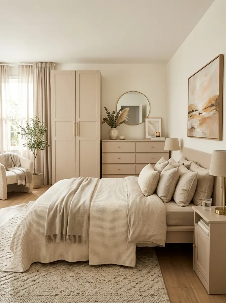 Customized painted IKEA bedroom furniture with elegant matte finishes and Scandinavian decor.