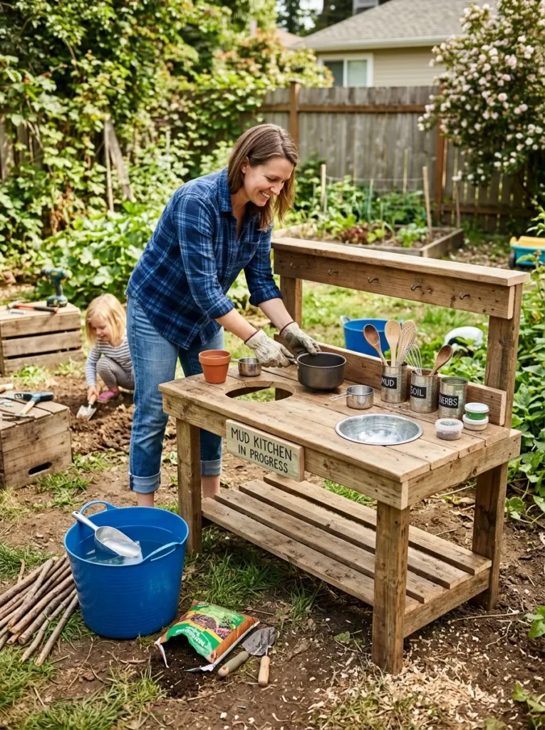 Parent arranging a homemade mud kitchen using wooden furniture and kitchen tools outdoors