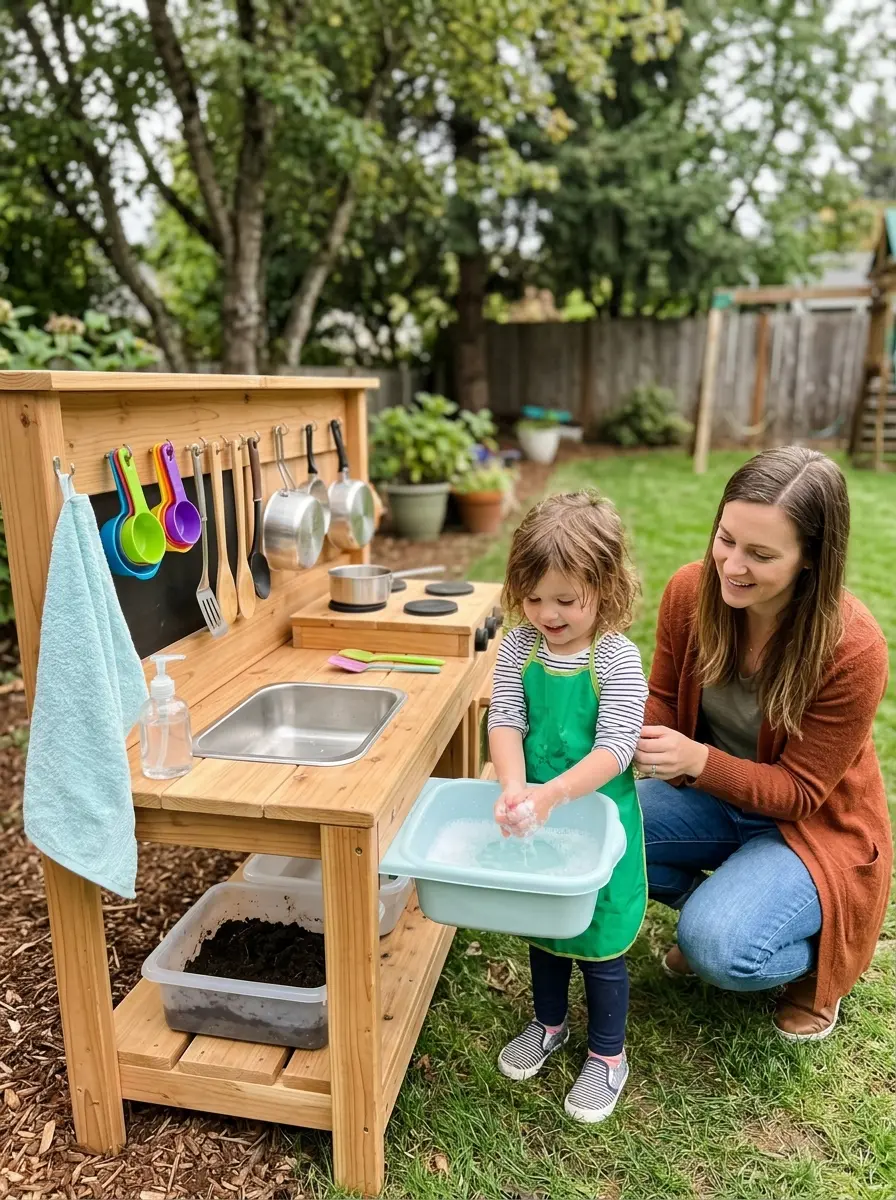 Parent supervising a child playing safely at a mud kitchen and washing hands afterward