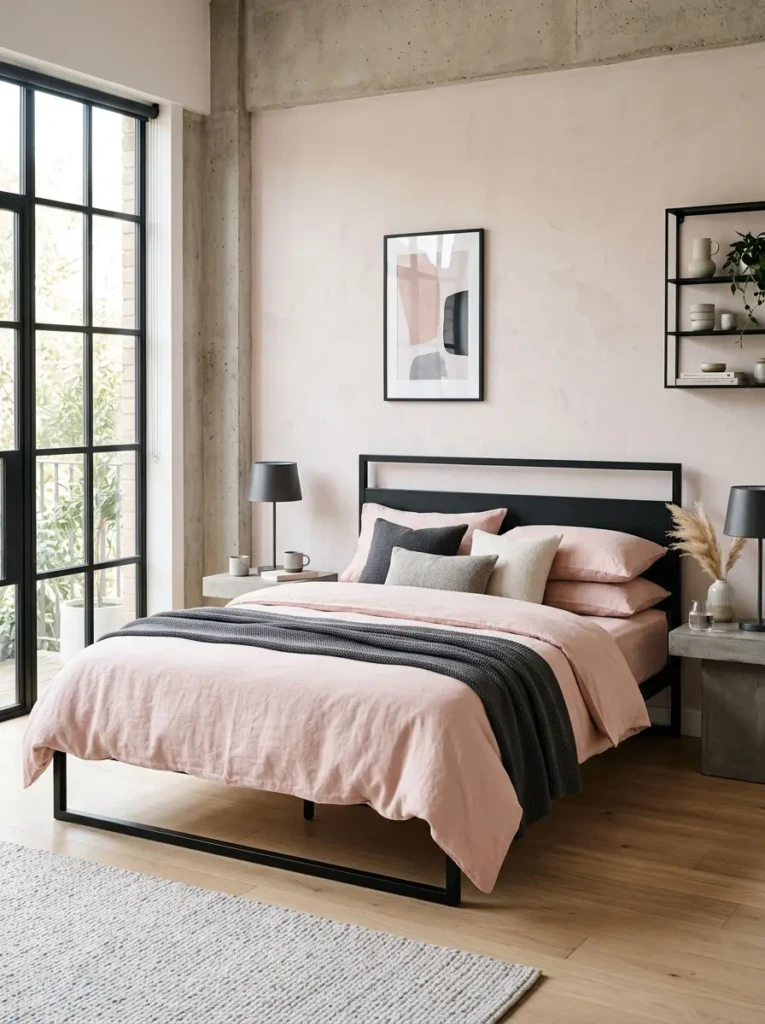 Pastel bedroom with black metal bed frame and blush pink bedding