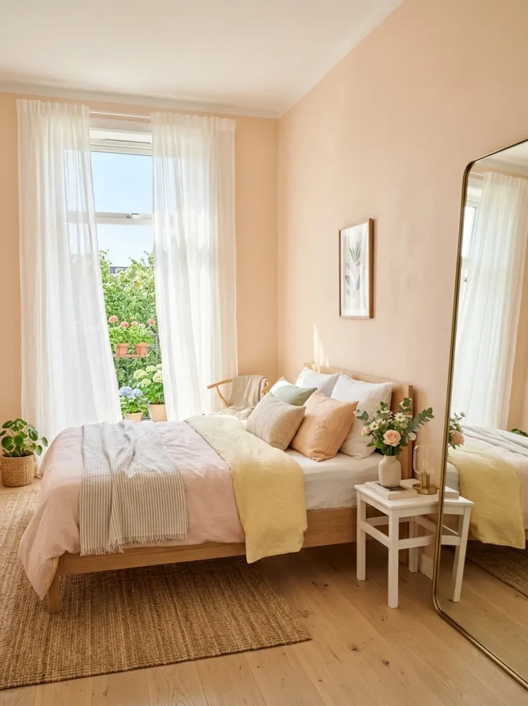 Bright pastel bedroom with sheer curtains and natural sunlight filling the room