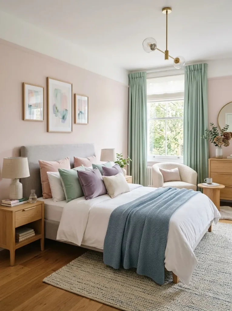 Pastel bedroom decorated with indoor plants and ceramic planters