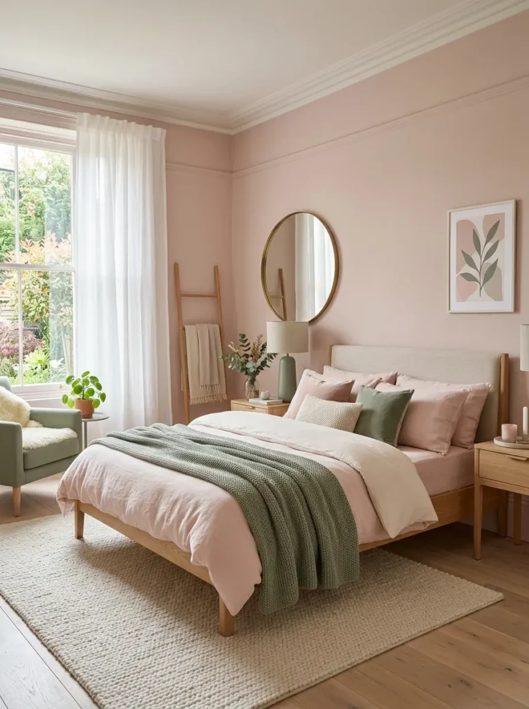 Soft pastel bedroom with blush pink walls, cozy bedding, and modern minimalist decor