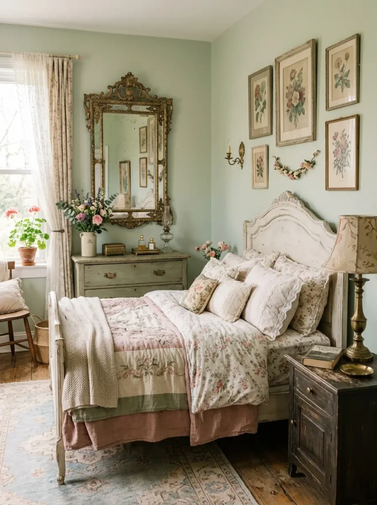 Pastel bedroom illuminated with warm bedside lamps and ambient lighting