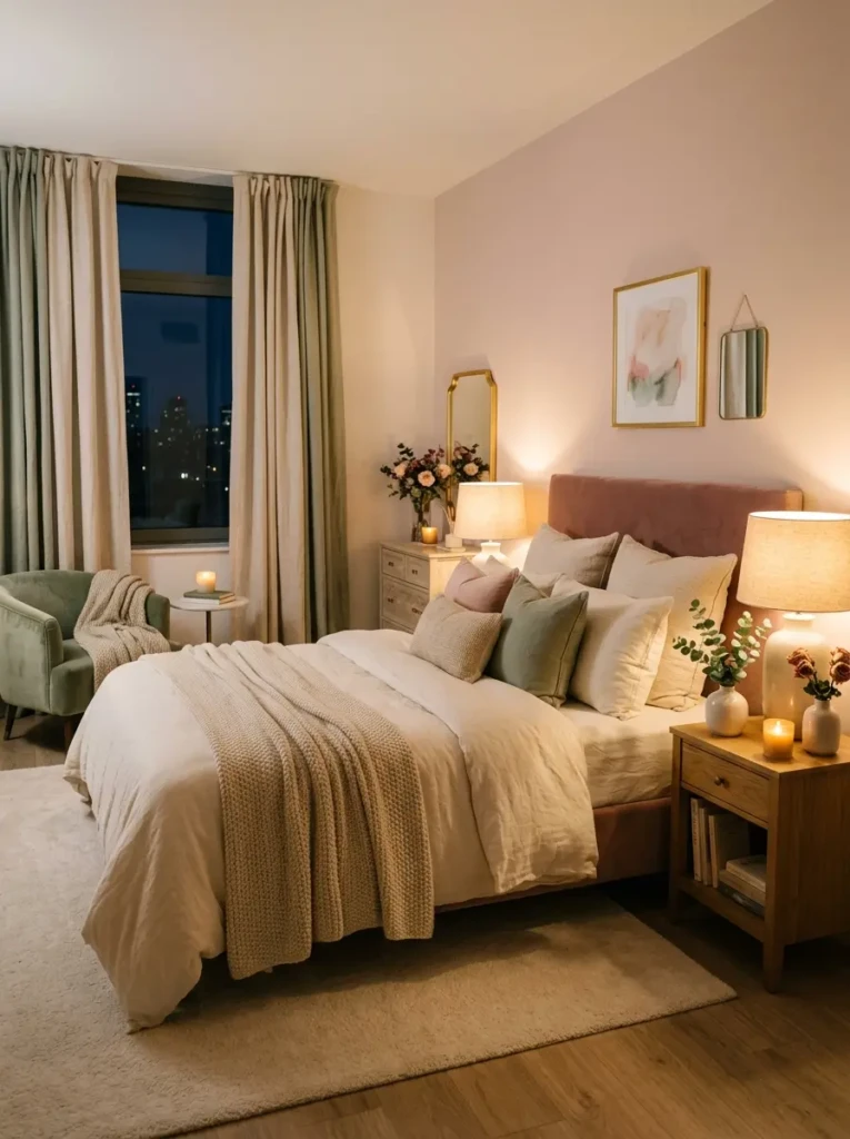 Stylish bedroom with gray upholstered bed frame and pastel bedding