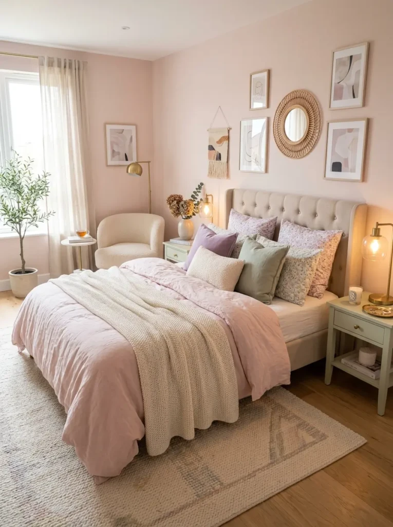 Luxurious pastel bedroom with layered textures and calming modern decor