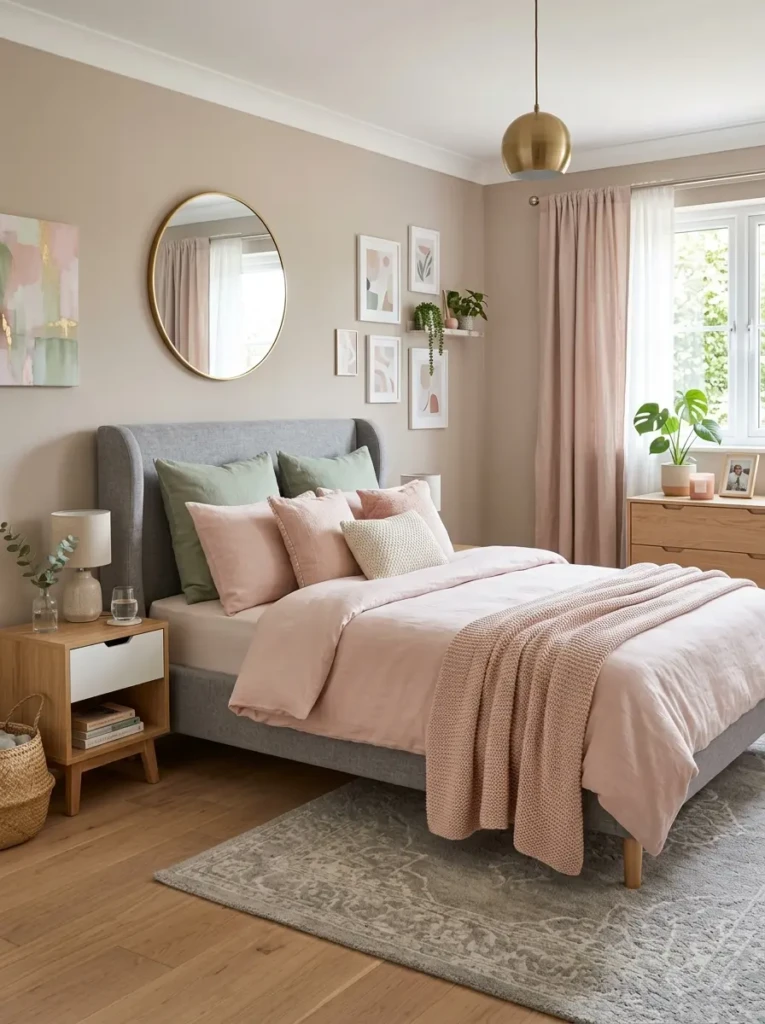 Stylish bedroom with gray upholstered bed frame and pastel bedding