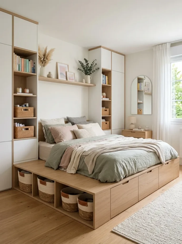 Organized pastel bedroom with hidden storage drawers and woven baskets