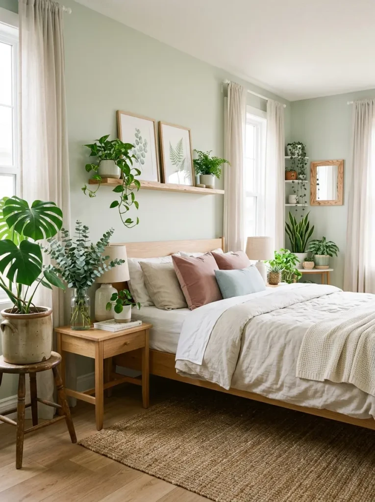 Cozy pastel attic bedroom with angled ceilings and skylight windows