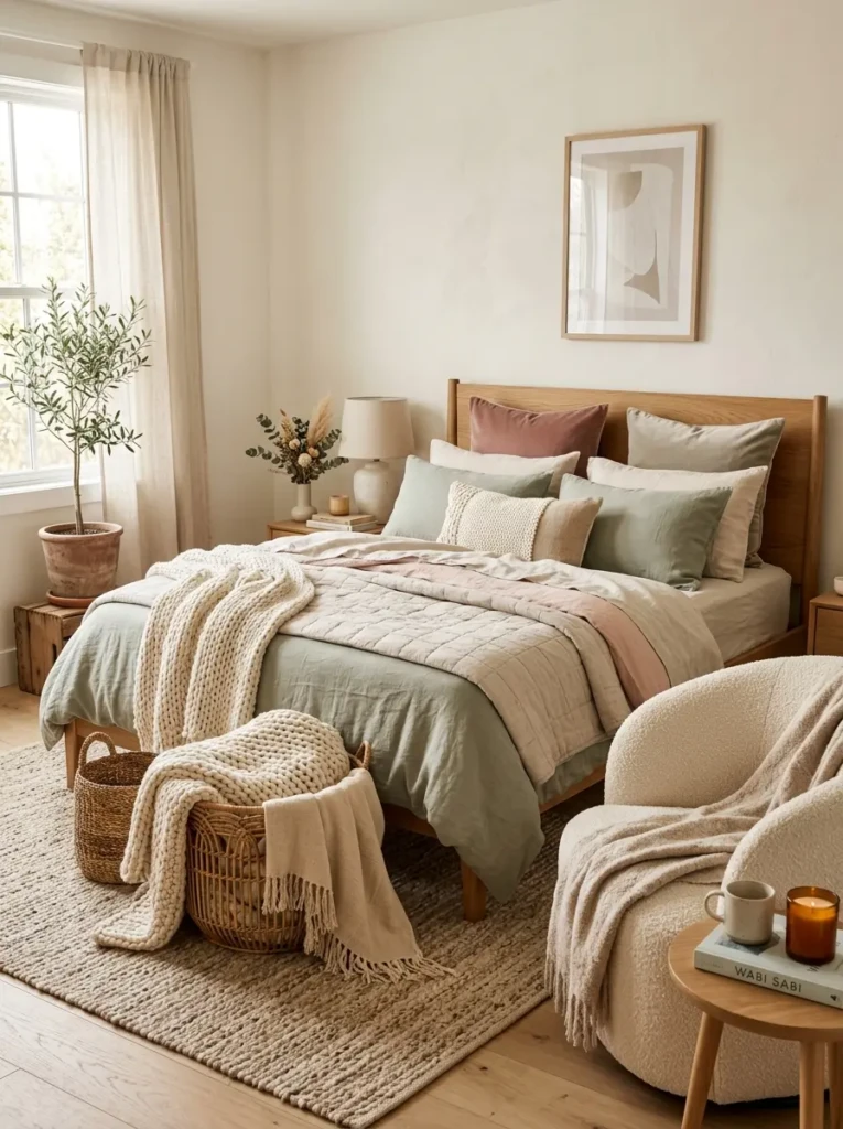 Cozy pastel bedroom with velvet pillows, linen bedding, and textured decor