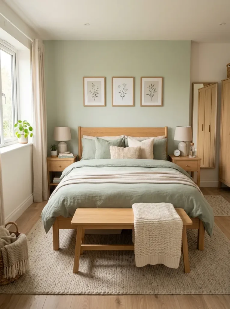 Pastel bedroom styled with light oak furniture and soft neutral decor