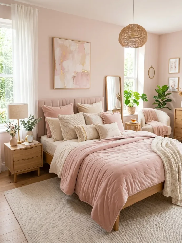Elegant pastel bedding with blush comforter and oversized cushions in a modern bedroom