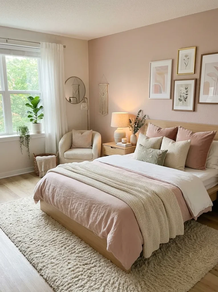 Soft pastel bedroom featuring a plush cream rug and layered textures