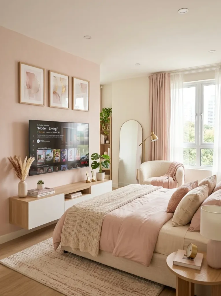 Modern pastel bedroom with wall-mounted TV and floating media console