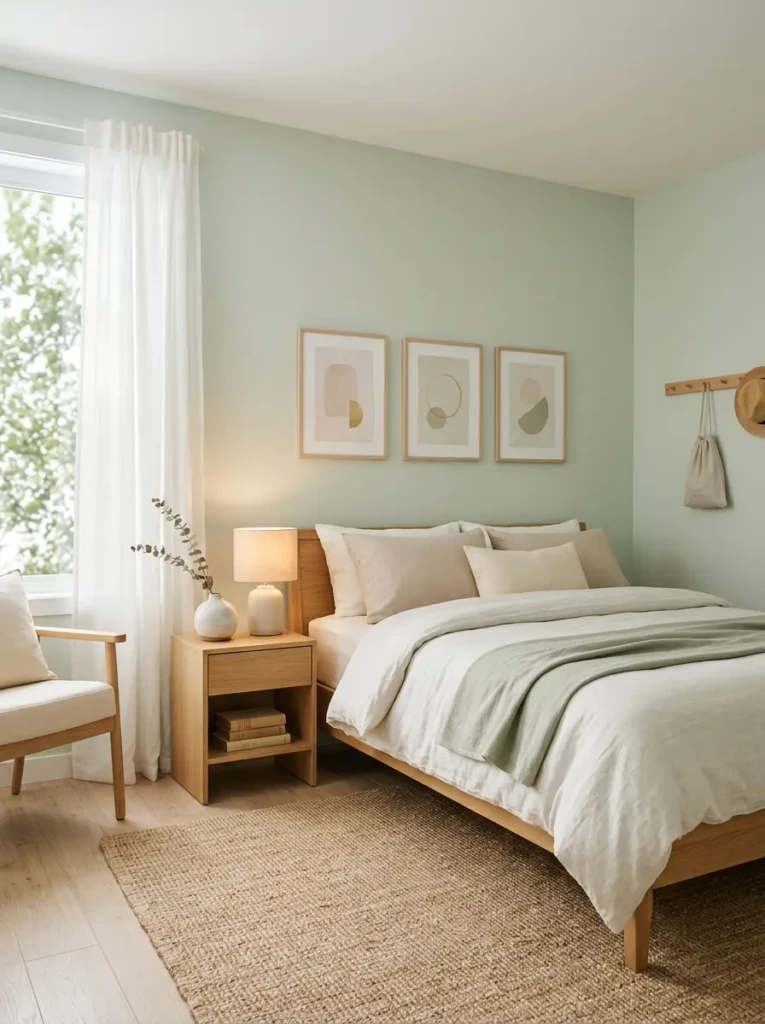 Minimalist pastel bedroom with simple decor and calming neutral tones