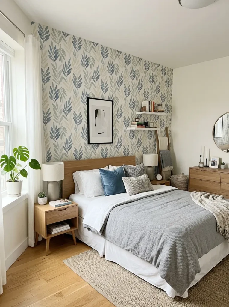 Modern bedroom with peel-and-stick wallpaper and clean contemporary decor