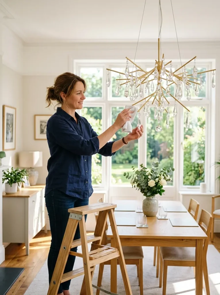 Person cleaning a modern chandelier carefully in a bright and tidy home environment