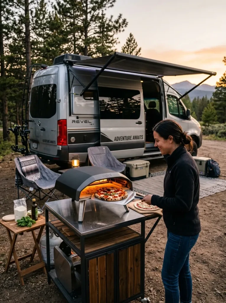 Portable pizza oven beside RV camper cooking fresh pizza at outdoor campsite