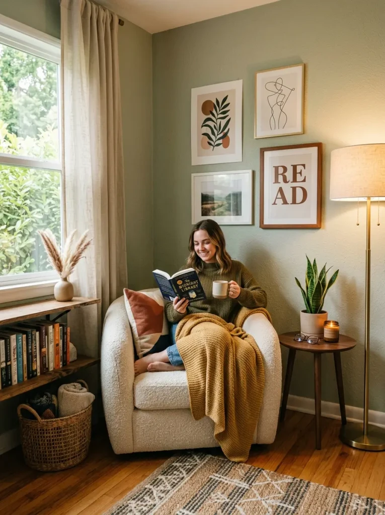 Aesthetic Airbnb reading nook with stylish chair and modern décor