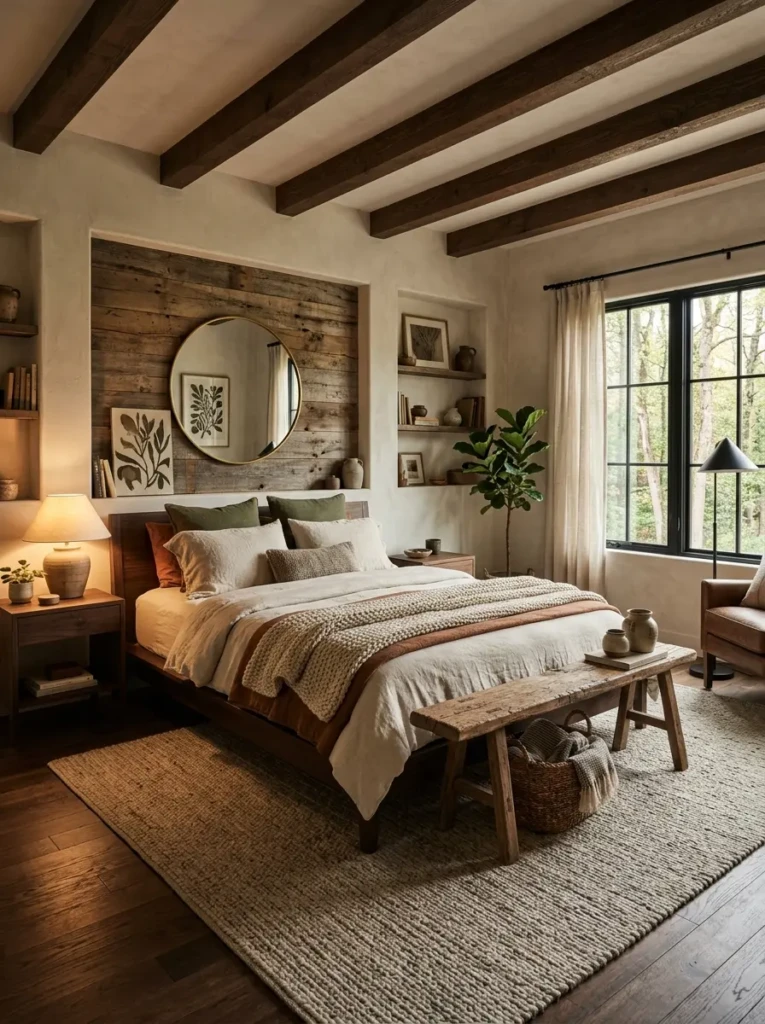 Modern rustic earthy bedroom with reclaimed wood furniture and cozy textures
