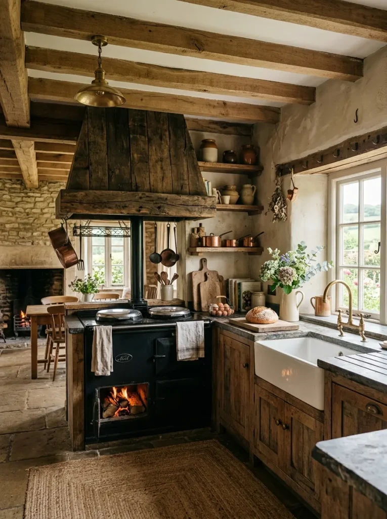 Farmhouse kitchen with reclaimed wood range hood and cozy rustic decor