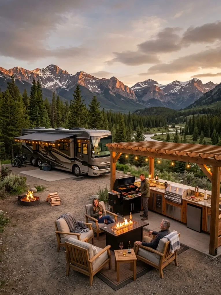 Stunning luxury RV campsite with complete outdoor kitchen, ambient lighting, and mountain views