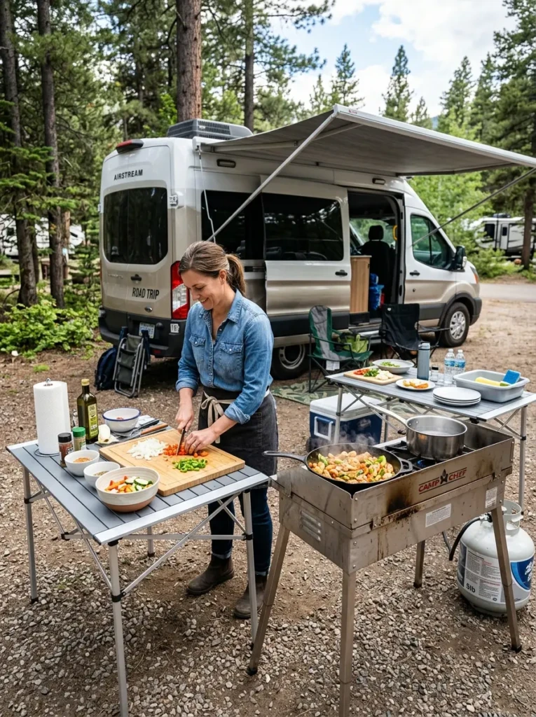 Folding prep tables beside RV camper creating flexible outdoor cooking and meal preparation area