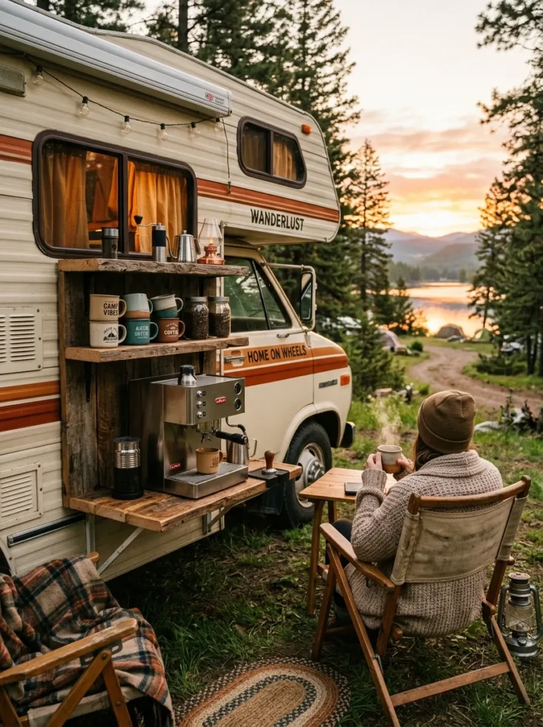 Cozy RV outdoor coffee station with espresso machine, mugs, and rustic shelves at campsite