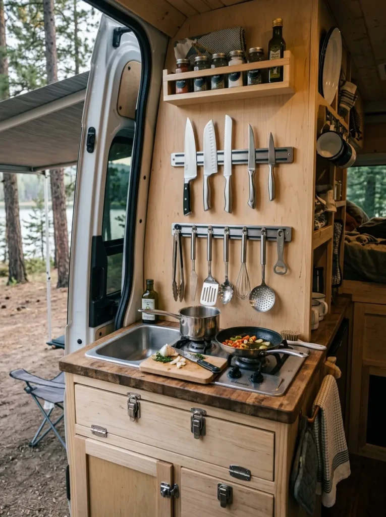 Compact RV outdoor kitchen using magnetic strips to organize knives and metal cooking utensils