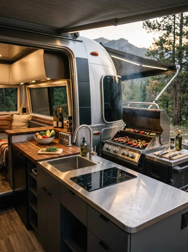 Modern RV outdoor kitchen featuring stainless steel and butcher block countertop materials