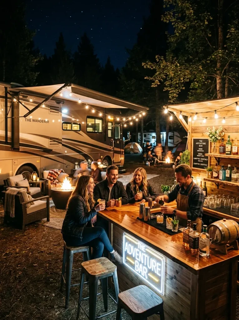Stylish RV outdoor bar setup with stools, string lights, and entertaining space at campsite