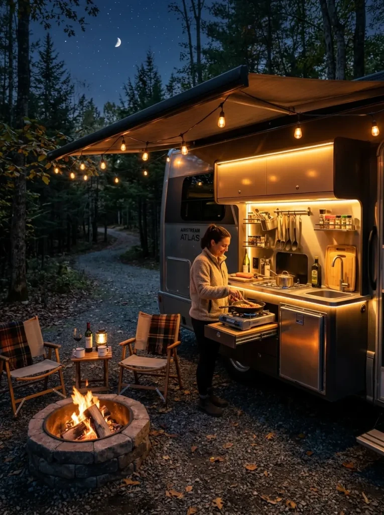 RV outdoor kitchen illuminated with warm LED lighting during nighttime camping setup