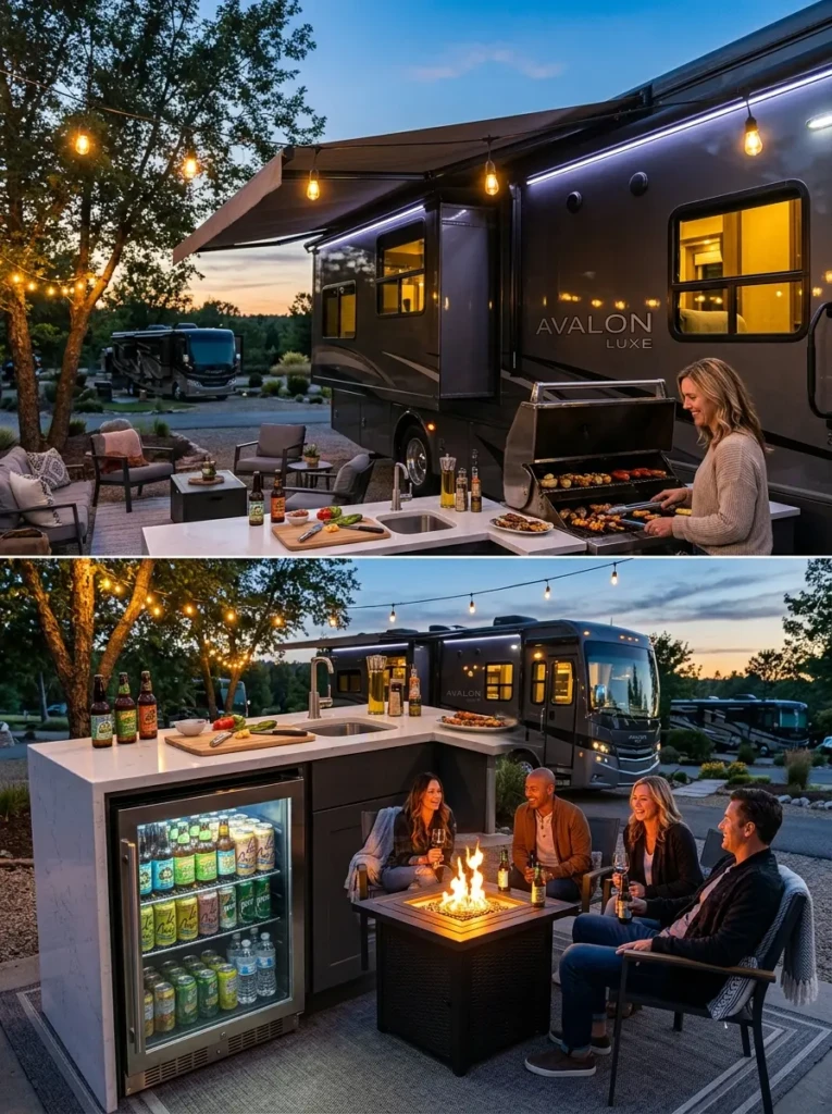 Stylish RV outdoor kitchen with compact mini fridge and modern countertop storage area