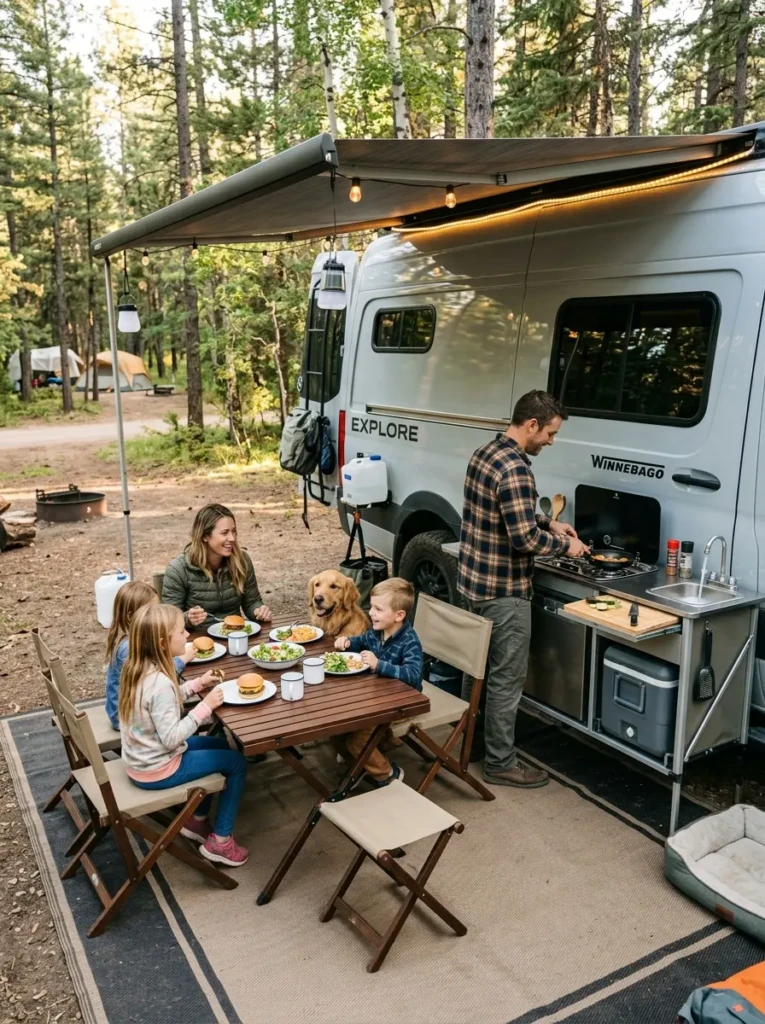 Flexible RV outdoor kitchen setup used for cooking, dining, and social gatherings at campsite