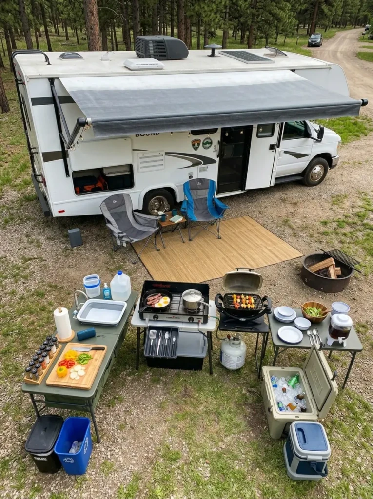 Organized RV outdoor kitchen layout with efficient cooking zones and practical camping setup