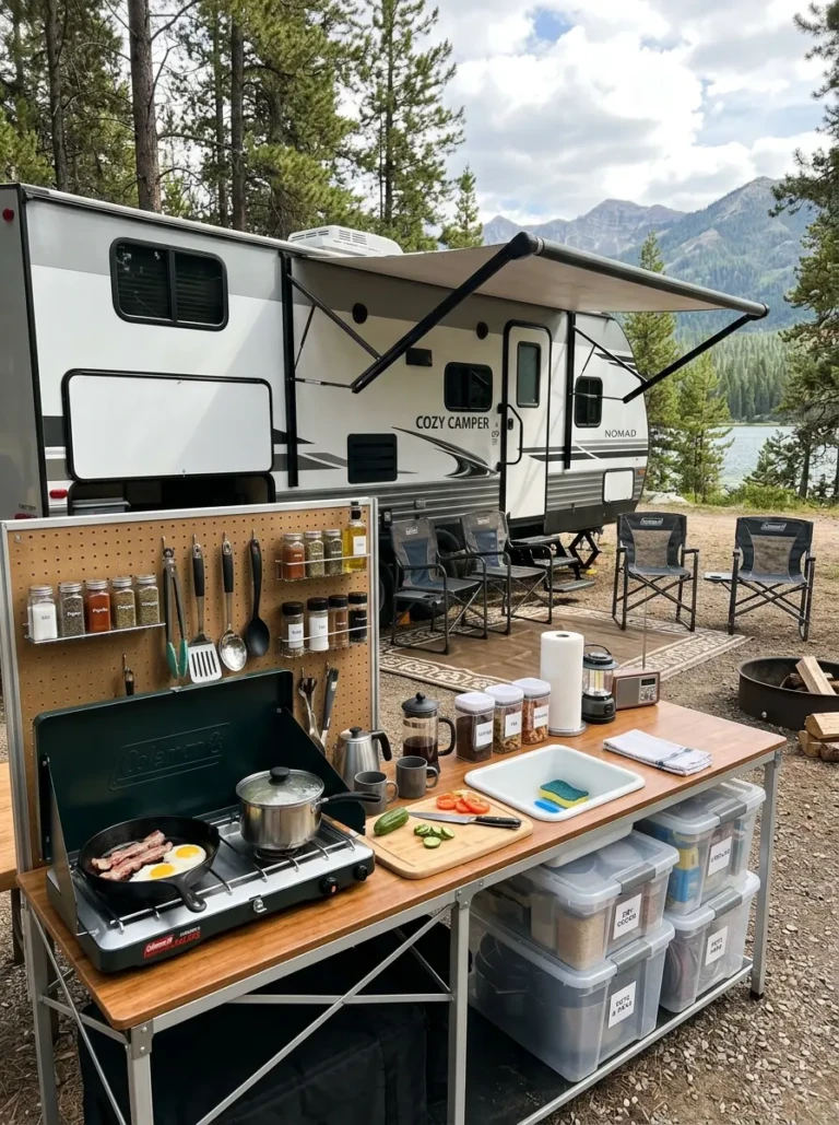 RV outdoor kitchen with stackable storage bins and neatly organized cooking supplies