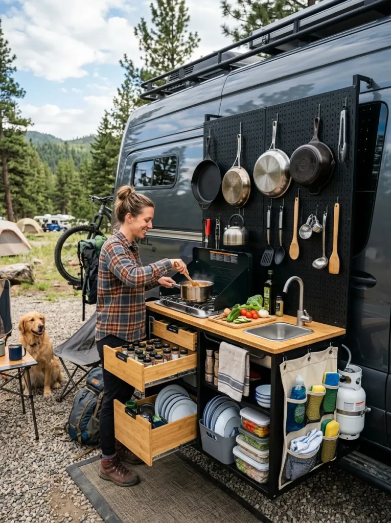Smart vertical storage solution in RV outdoor kitchen with hanging pots and pegboards