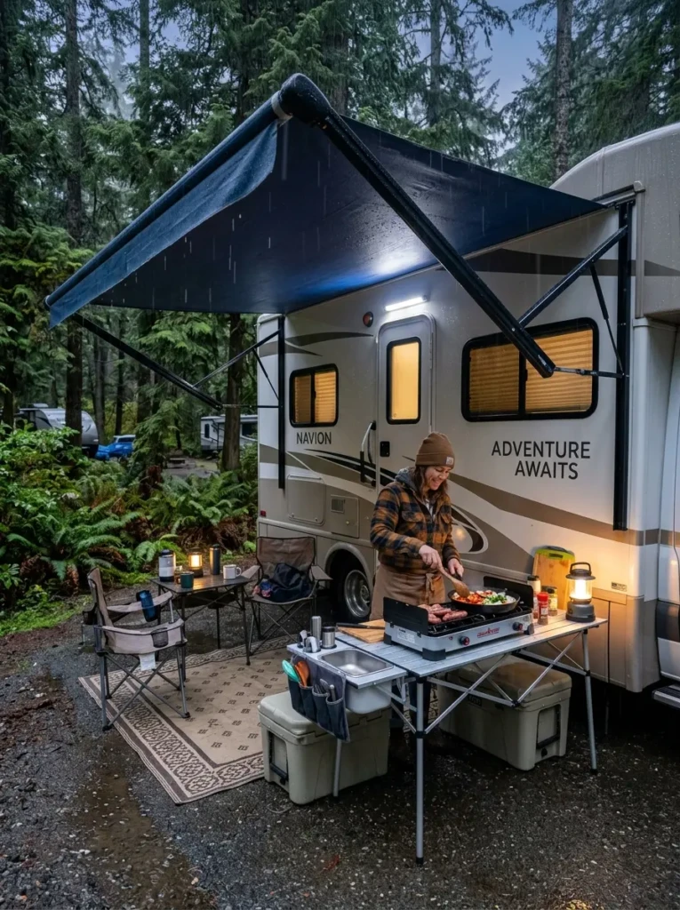RV outdoor kitchen protected by retractable awning during outdoor cooking in changing weather