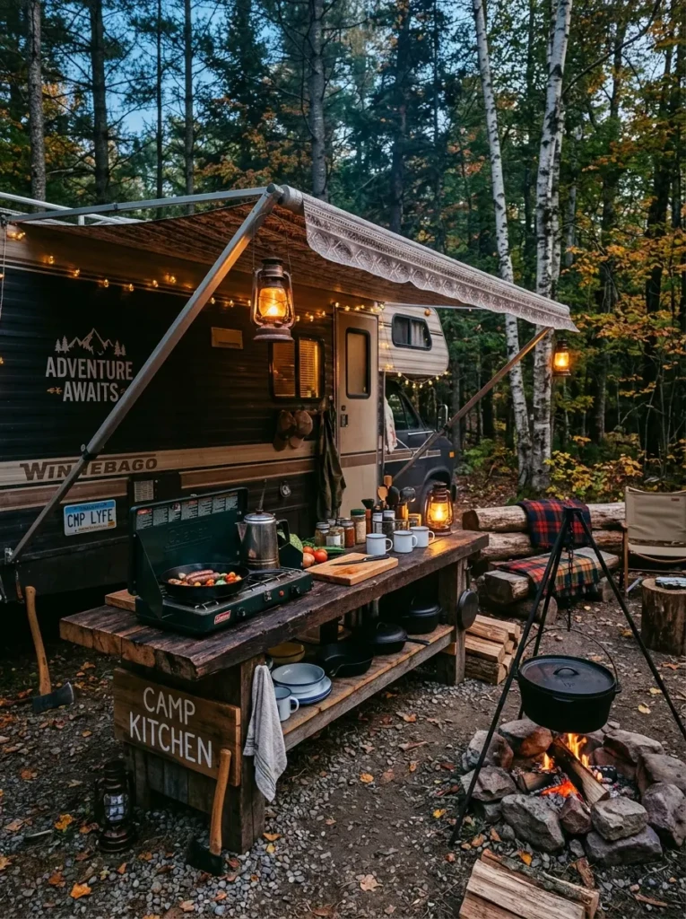 Rustic-style RV outdoor kitchen with wooden counters, lanterns, and cozy campsite atmosphere