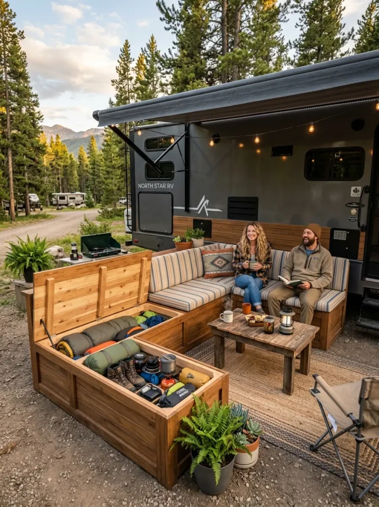 Multifunctional outdoor storage benches beside RV with hidden compartments for camping gear