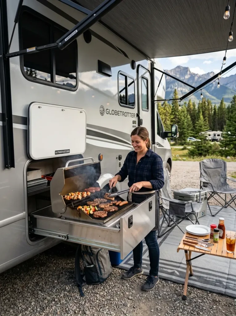 Modern RV outdoor kitchen featuring hidden pull-out grill drawer with barbecue cooking setup
