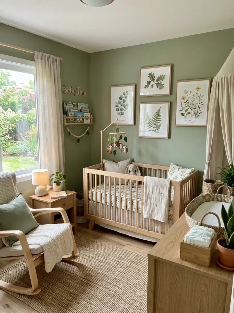Sage green baby nursery with botanical décor and natural wooden furniture