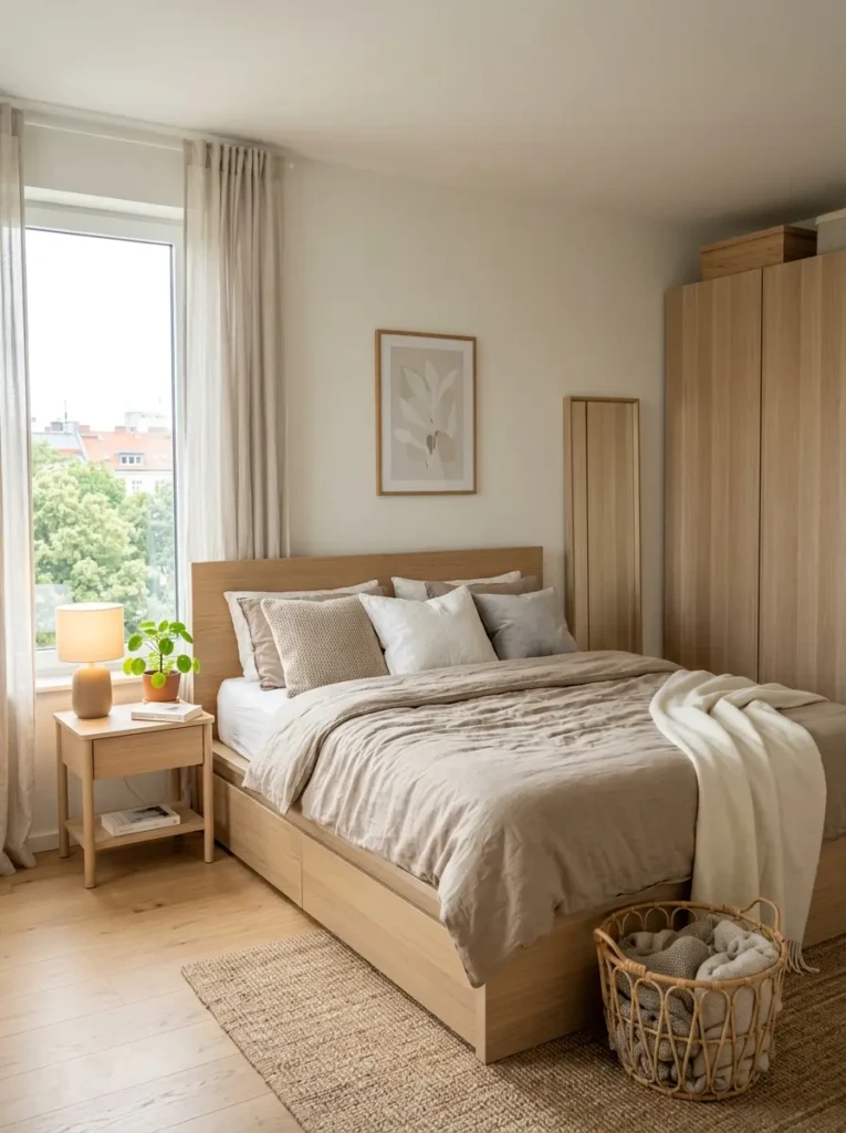 Modern IKEA bedroom with Scandinavian decor, cozy neutral tones, minimalist furniture, and stylish organization ideas.