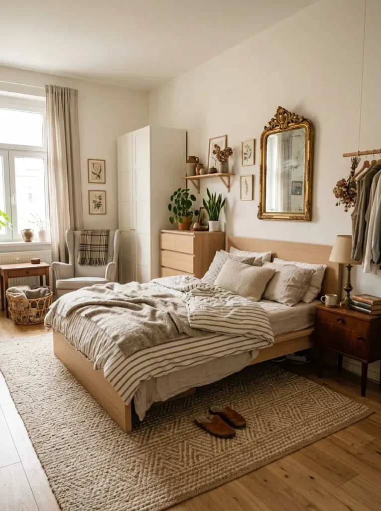 Scandinavian IKEA bedroom combined with vintage decor pieces, textured rugs, and warm cozy accents.