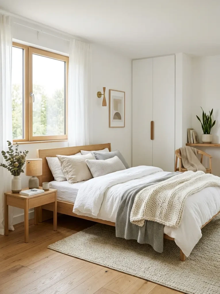 Scandinavian-style white bedroom with minimalist decor and wood accents