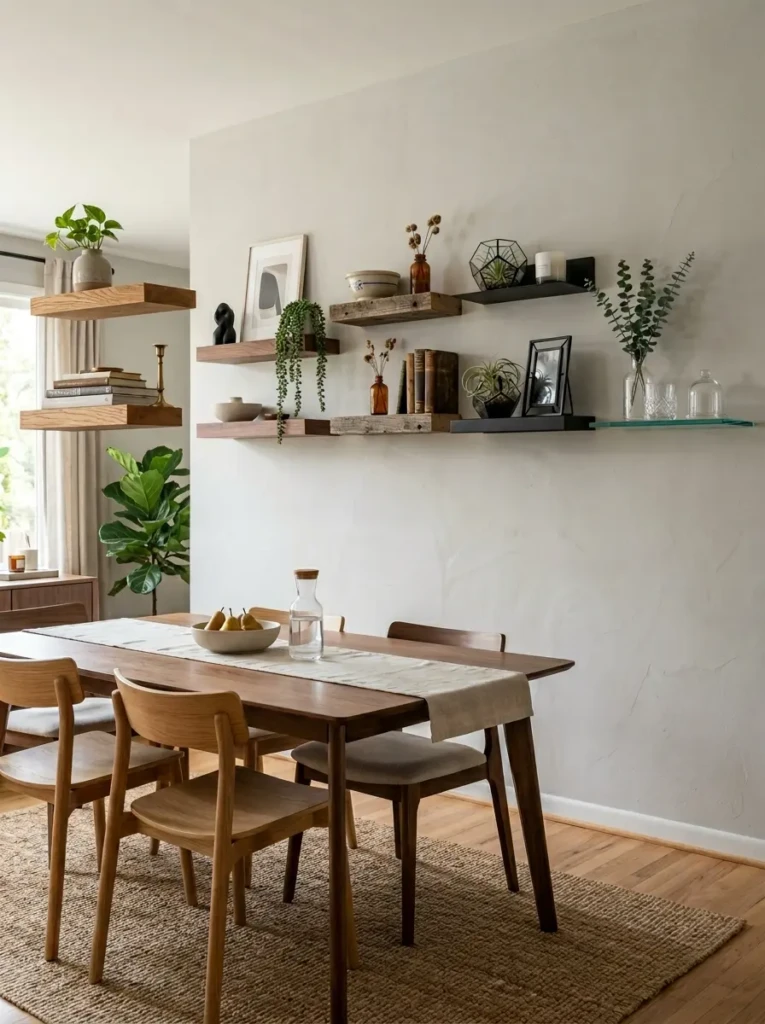 Different floating shelf materials including wood, metal, and glass in a dining room